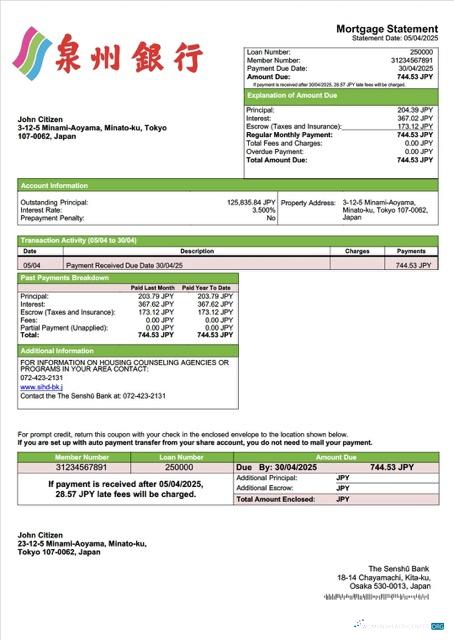 Download Japan The Senshū Bank mortgage statement Word and PDF template Photoshop template